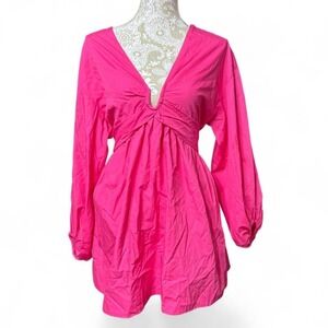 Free People Pink Dress With Pockets Boho Chic Bold Fuchsia V Neck Tie Back